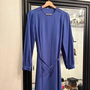 Wool Long Sleeve Crewneck Midi Dress in Royal Blue